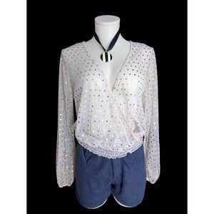 Blush Pink Gold Polka Dot Sheer Mesh Wrap Blouse NWT Large |‎ Romantic Party Top